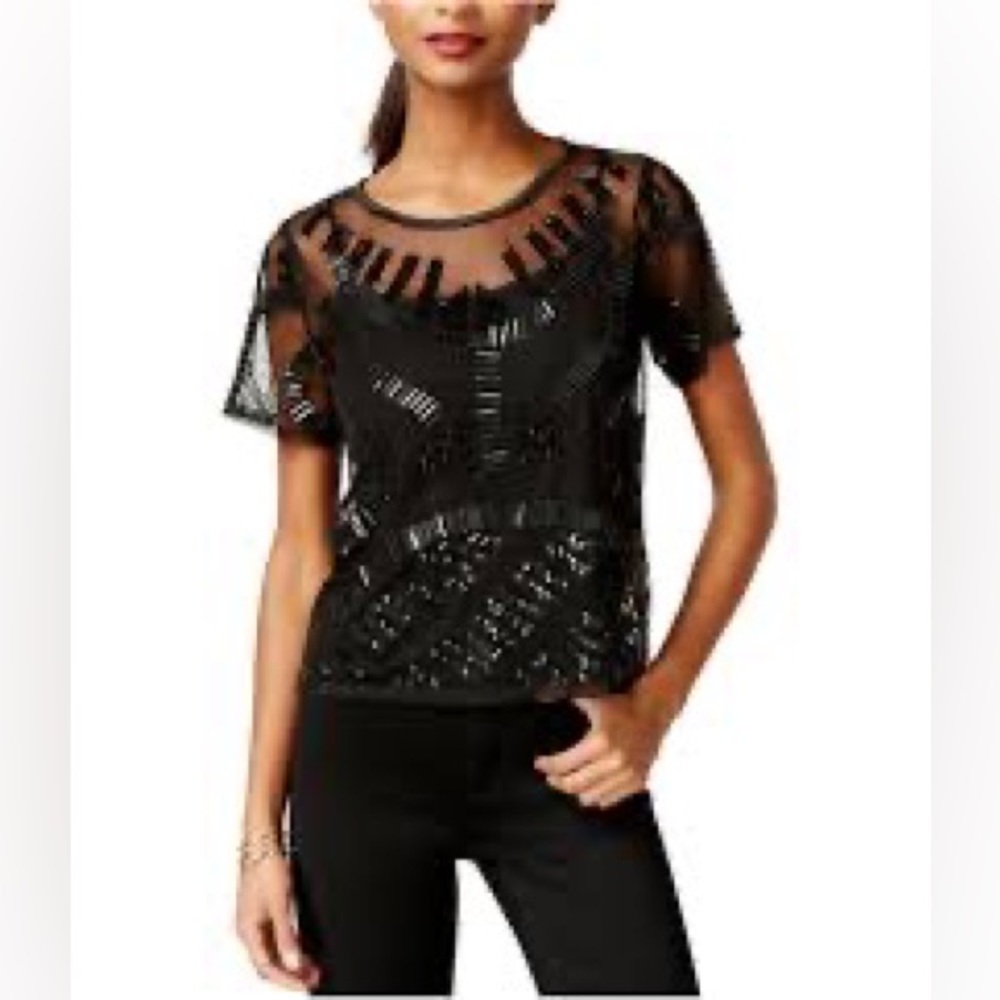 Bar III Front Row Womens Black Sequin Beaded Mesh Top‎ Sheer Blouse Medium NEW